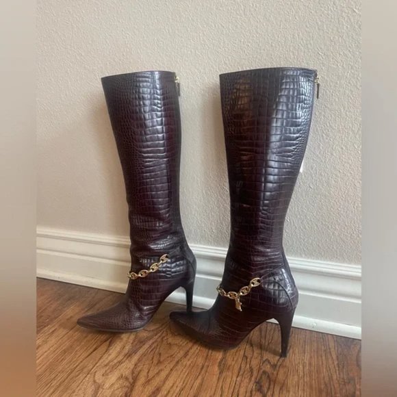 Celine Chocolate Brown Crocodile Boots With Chain - Picture 5 of 7